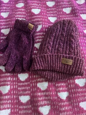 Kids Cable Beanie and Gloves Set - Plum